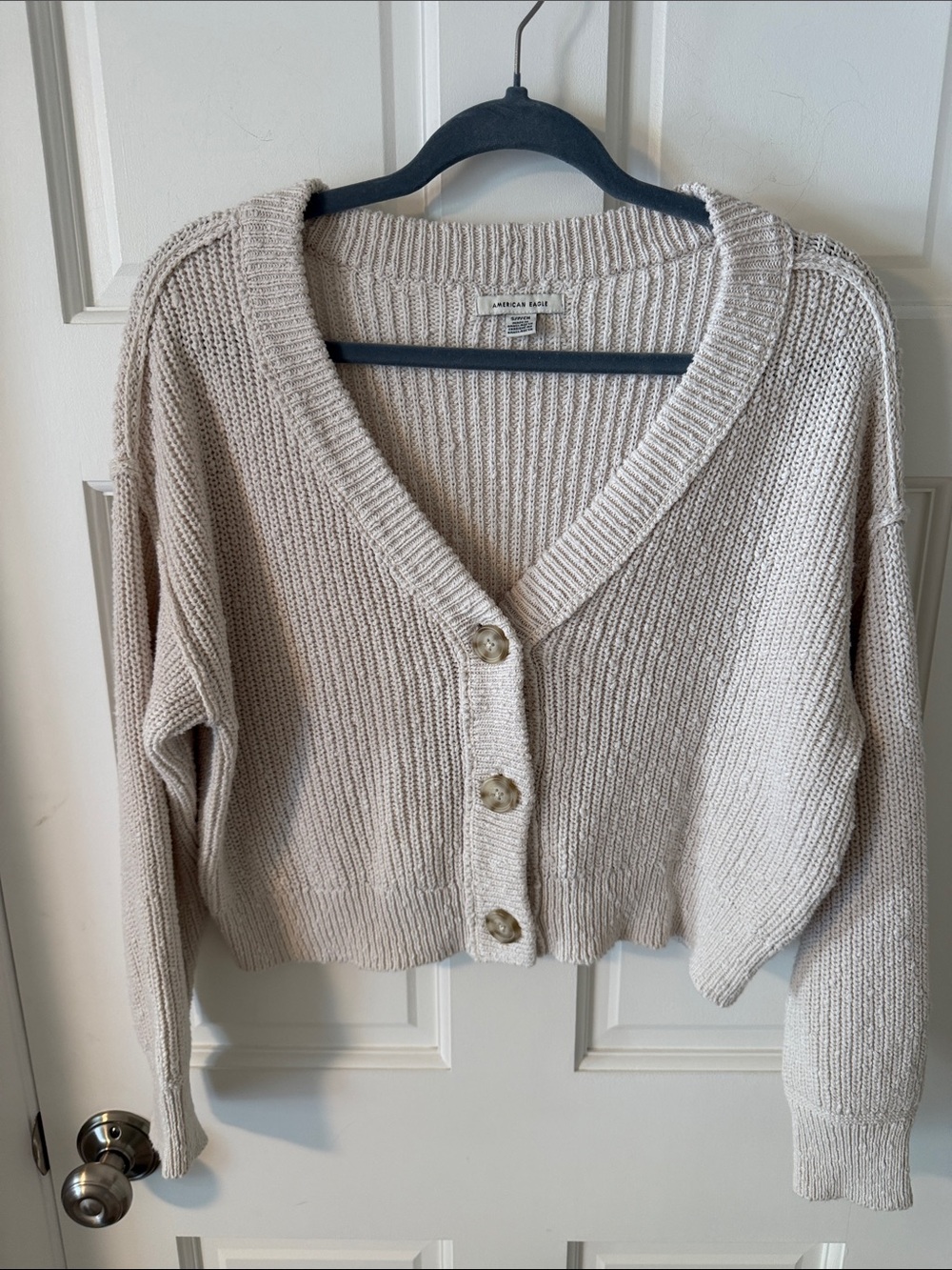 American Eagle Cream Shaker Knit Textured Oversized Cropped Cardigan Sweater S